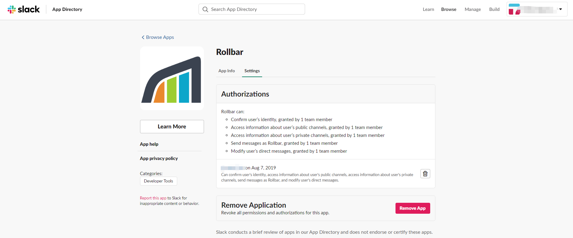 Add Rollbar app in Slack